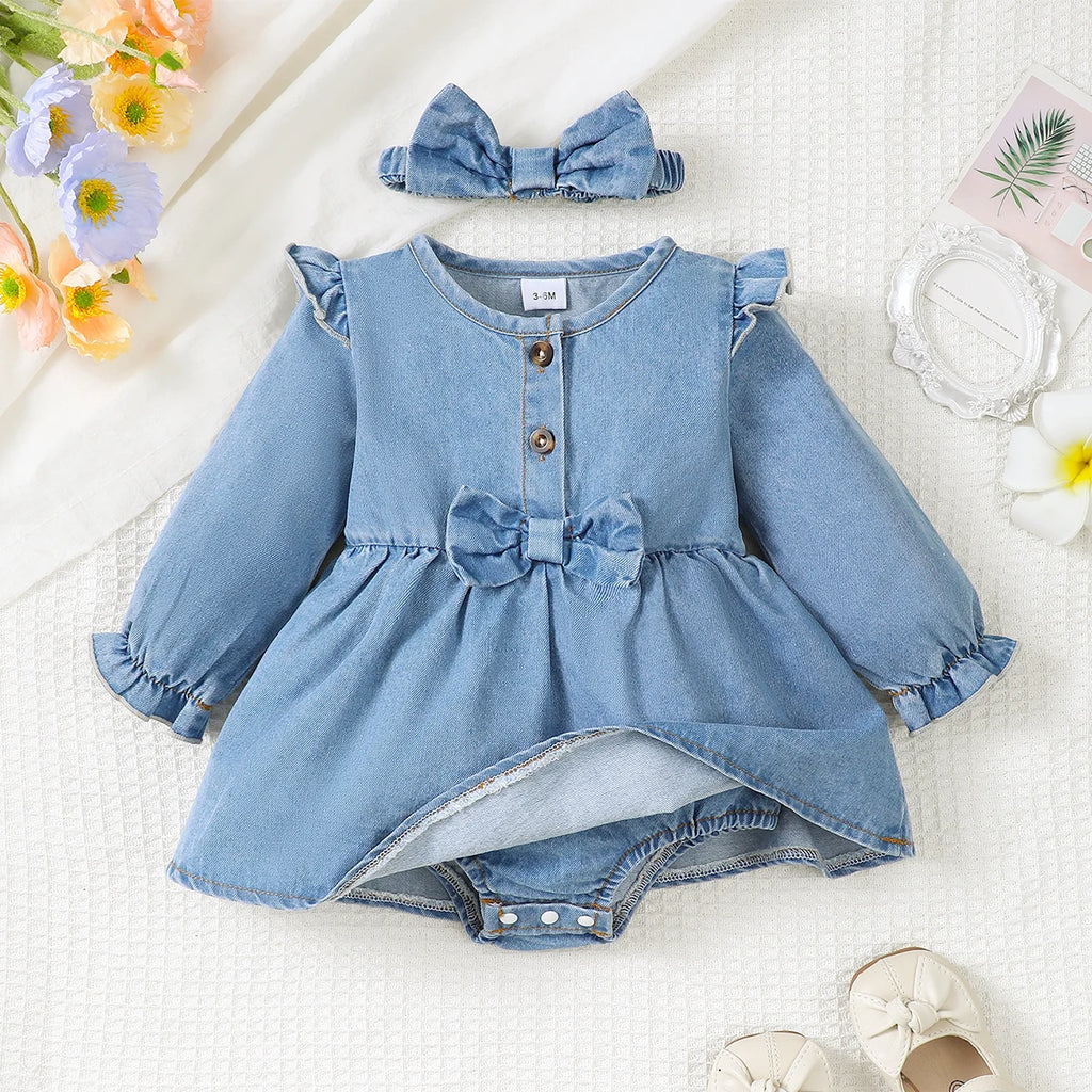 Winter  Newborn  Infant  0-18 Months  Baby  Girl  Dress  Long  Sleeve  Denim  Romper  Princess  Party  Dresses  With  Hair  Hoop