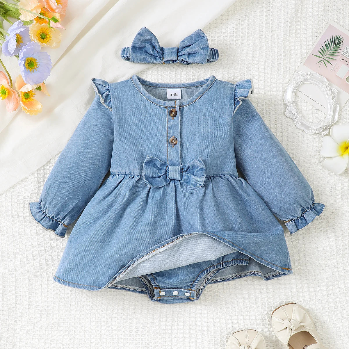 Winter  Newborn  Infant  0-18 Months  Baby  Girl  Dress  Long  Sleeve  Denim  Romper  Princess  Party  Dresses  With  Hair  Hoop