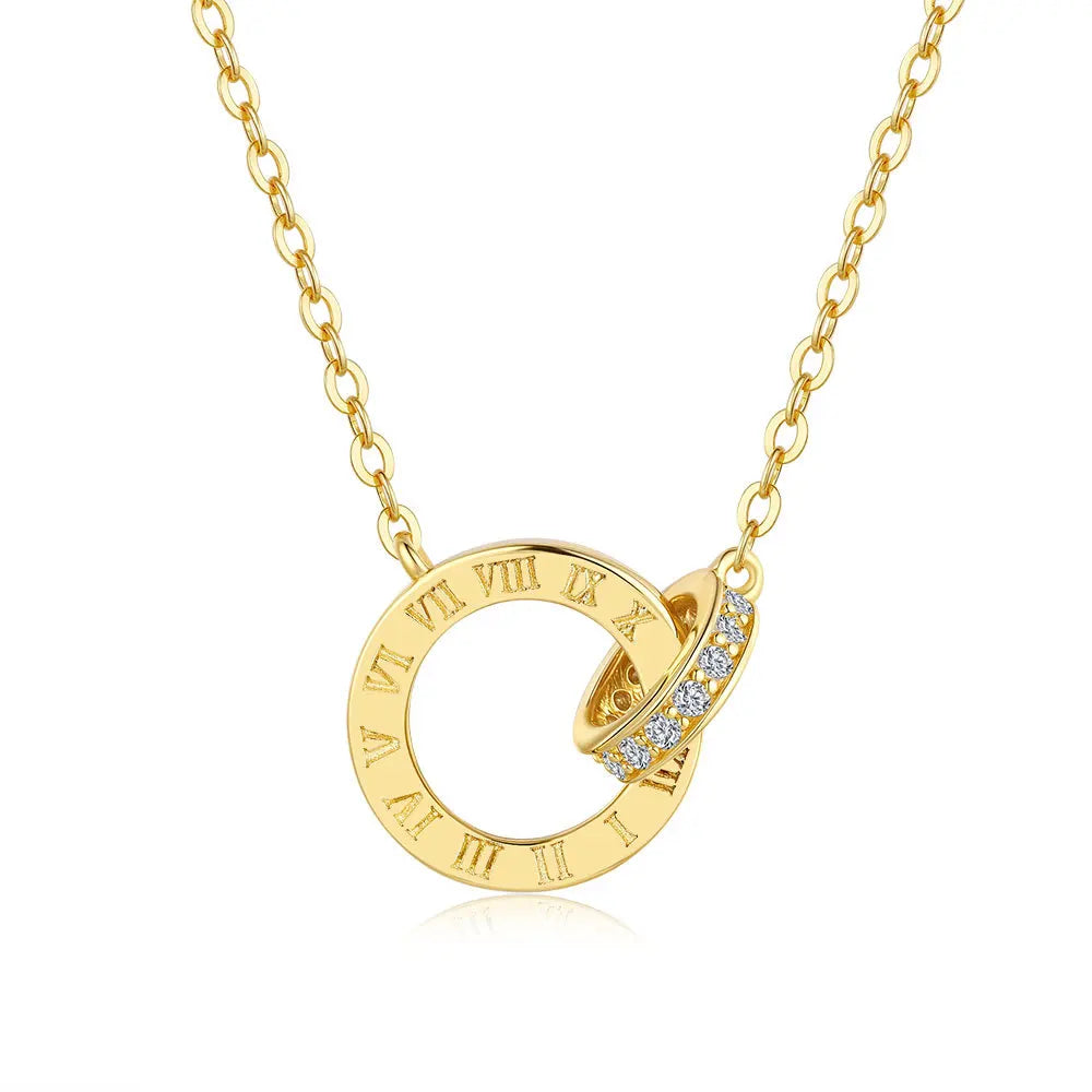 Luxury 100% Real 18k Gold Women's Roman Numeral Round Pendant with Moissanite Diamond Necklace