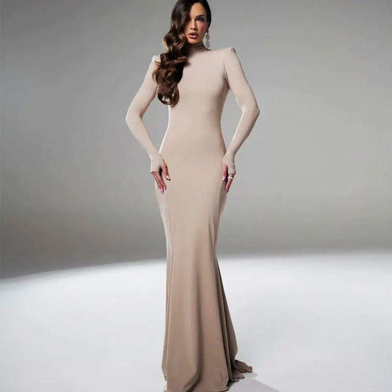 Women Dresses Elegant Party Autumn Winter Sexy Backless Dress Streetwear Fashion Casual Slim Turtleneck Brown Long Sleeves Dress