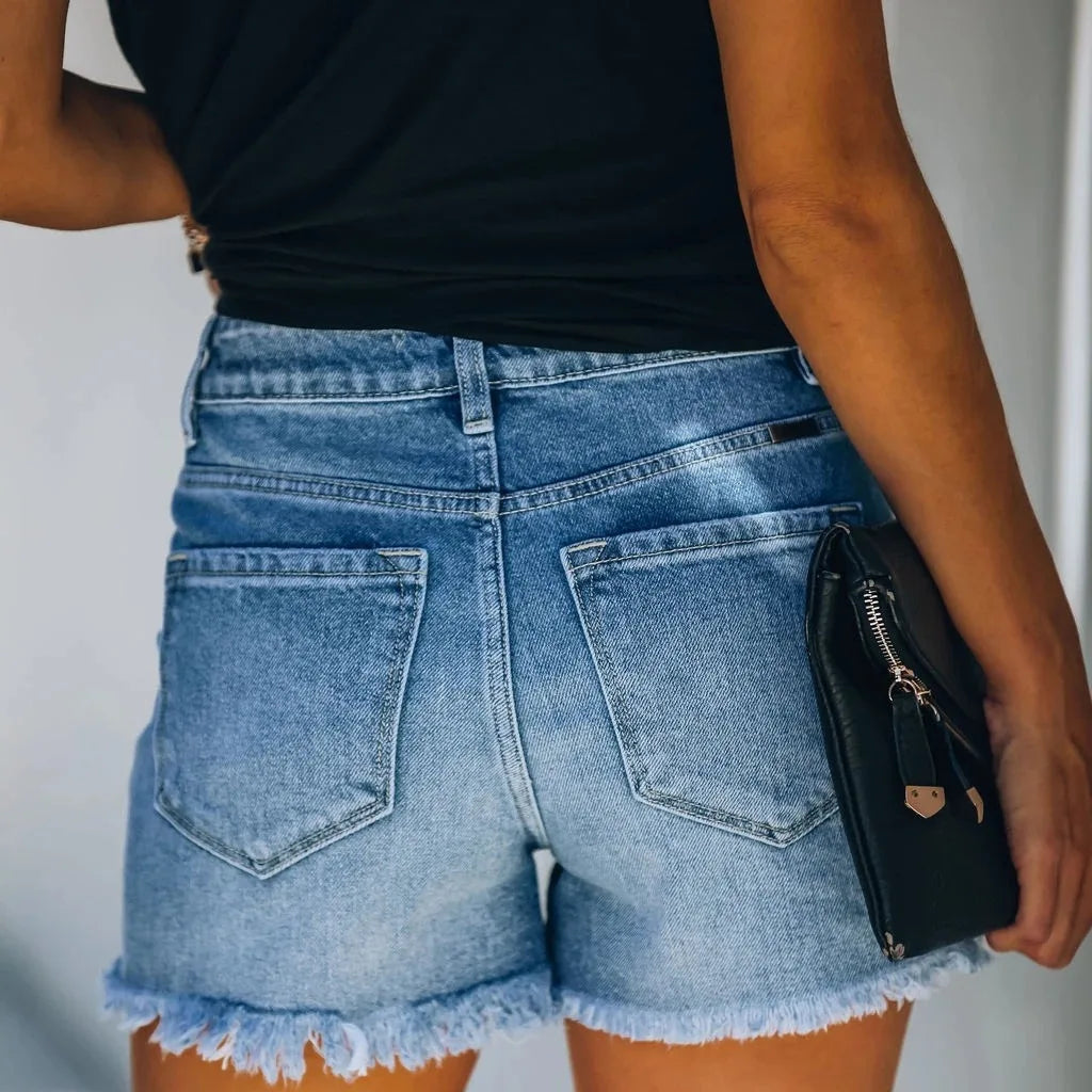 Hole Shorts for Women Vintage Jeans Distressed Washed Mid Waist Pockets Button Furry Denims Female Straight Short Pants 2025