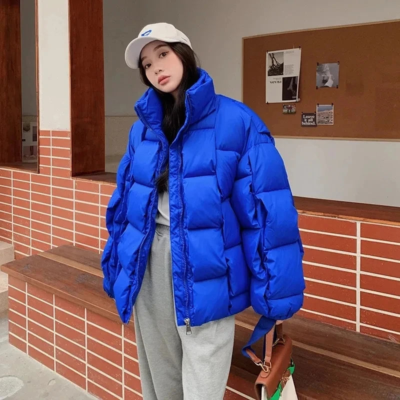 Winter Fashion Women Parkas Warm Down Cotton Coats Bubble Jacket Thick Knitted Loose Puffer Coat Stand Collar Female Outwear
