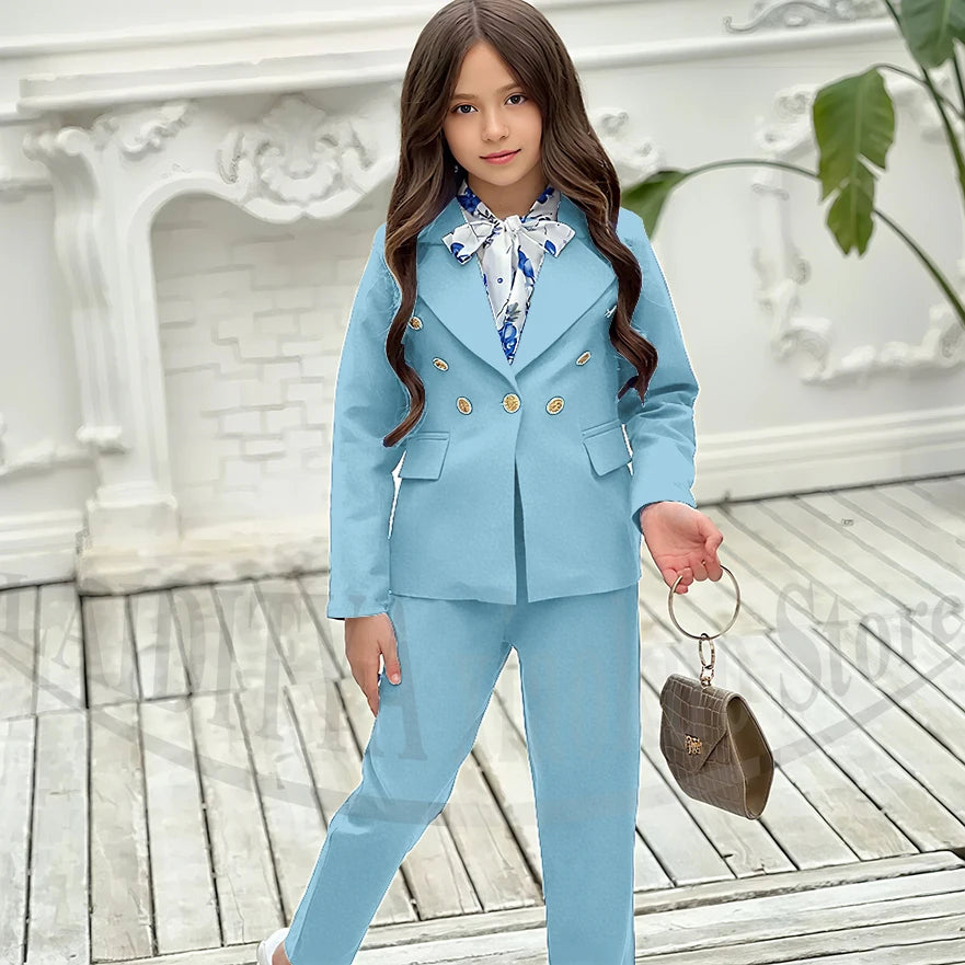 Girl Suits 2 Piece Elegant Daily Casual Fashion Kids Outfits Party Wedding Chic Double Breasted Notch Lapel Girl Clothes