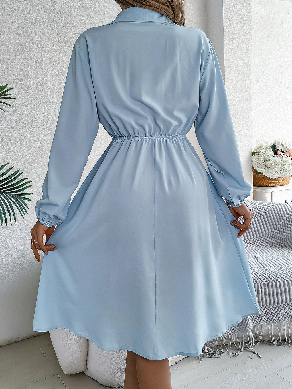 Autumn Winter Dresses for Women Casual Solid Color Button Tie Up Long sleeved Shirt Dress