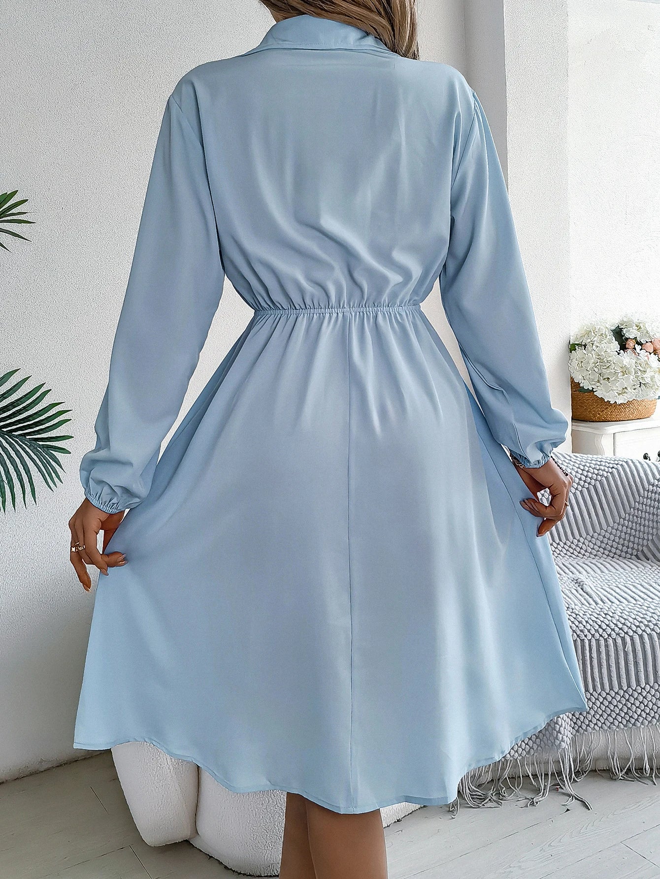 Autumn Winter Dresses for Women Casual Solid Color Button Tie Up Long sleeved Shirt Dress
