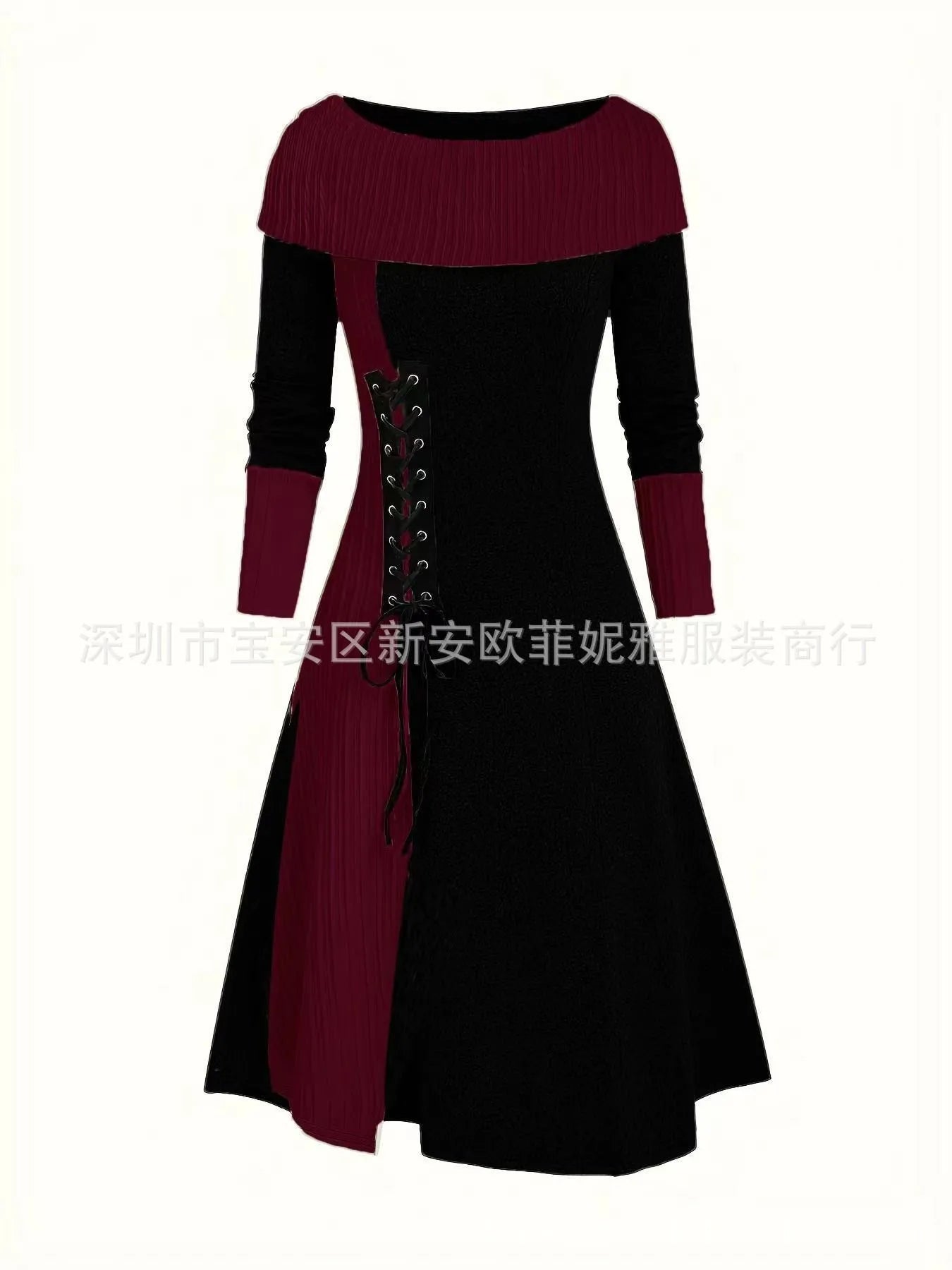 Fall Winter Women Dresses Elegant Temperament Colorblocked Dress Warm Long Sleeved Long Commuter Skirt for Female Dress 2025