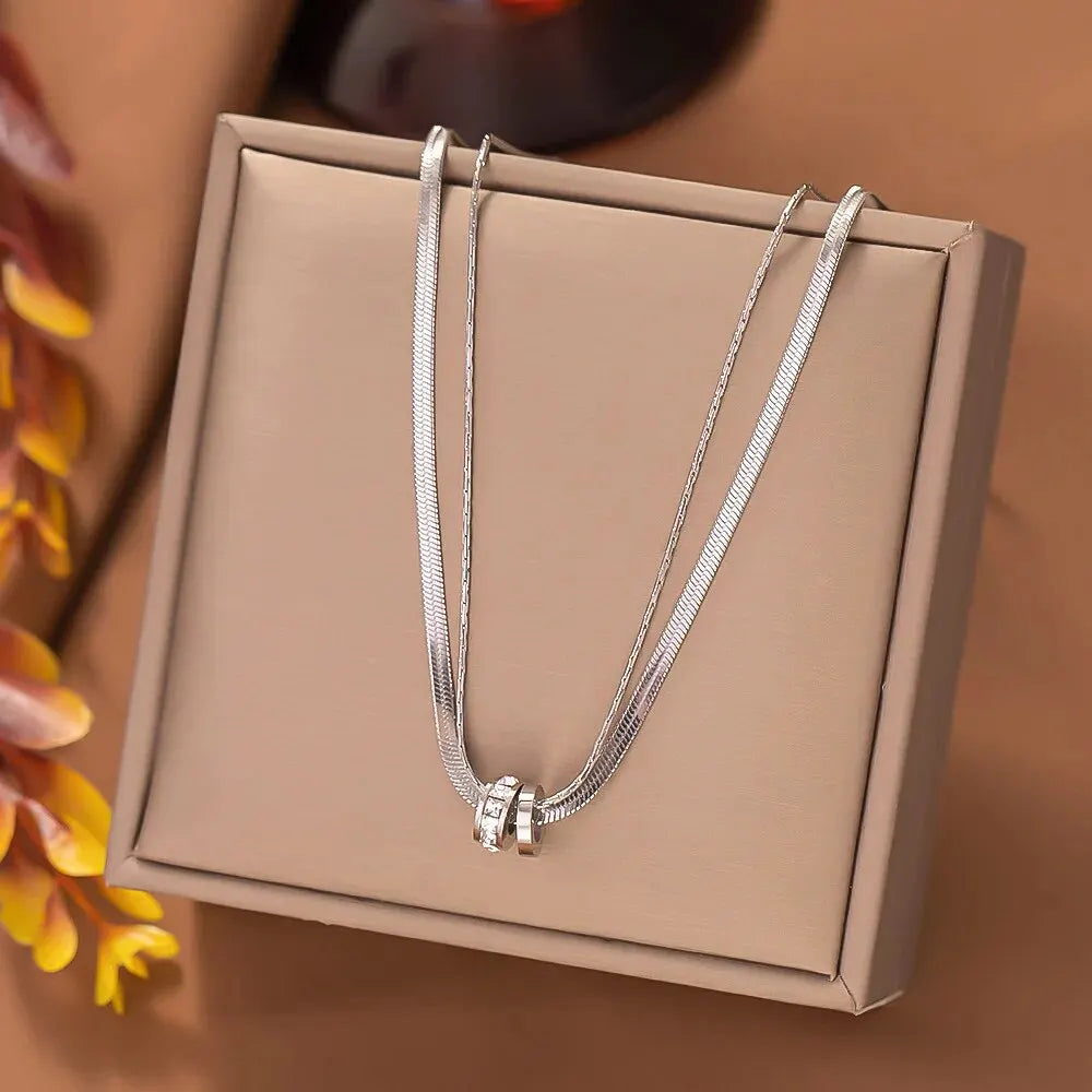 Trendy Stainless Steel Double Layer Necklace for Women Fashion Crystal Bead Pendant Necklaces Clavicle Chain Party Jewelry