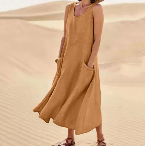 Women Coton Linen Sundress Summer Female Sleeveless Double Big Pocket Loose Sand Beachwear Long Dress Oversized S-5XL LRFZ-818