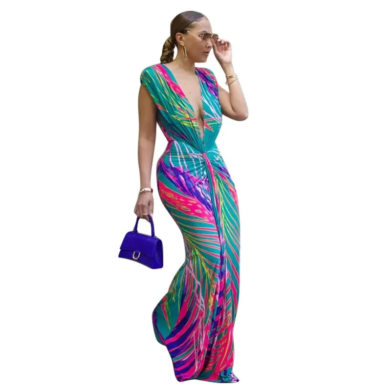 Elegant and Fashionable Dinner Party Dress Women's Sleeveless Colorful Print Sexy Deep V Slim Fit Long Dress