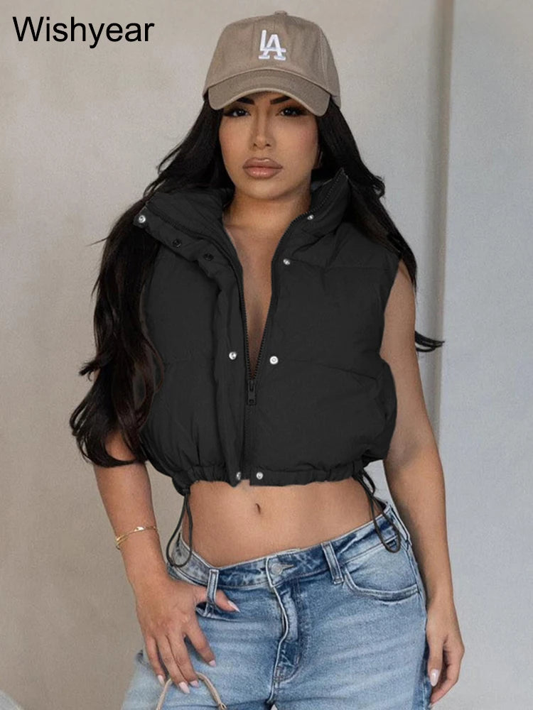 Winter Vest Cotton Padded Crop Top Women Clothing Sleeveless Stand Collar Zipper Adjustable Hem Jackets Cotton Coat Outwear New