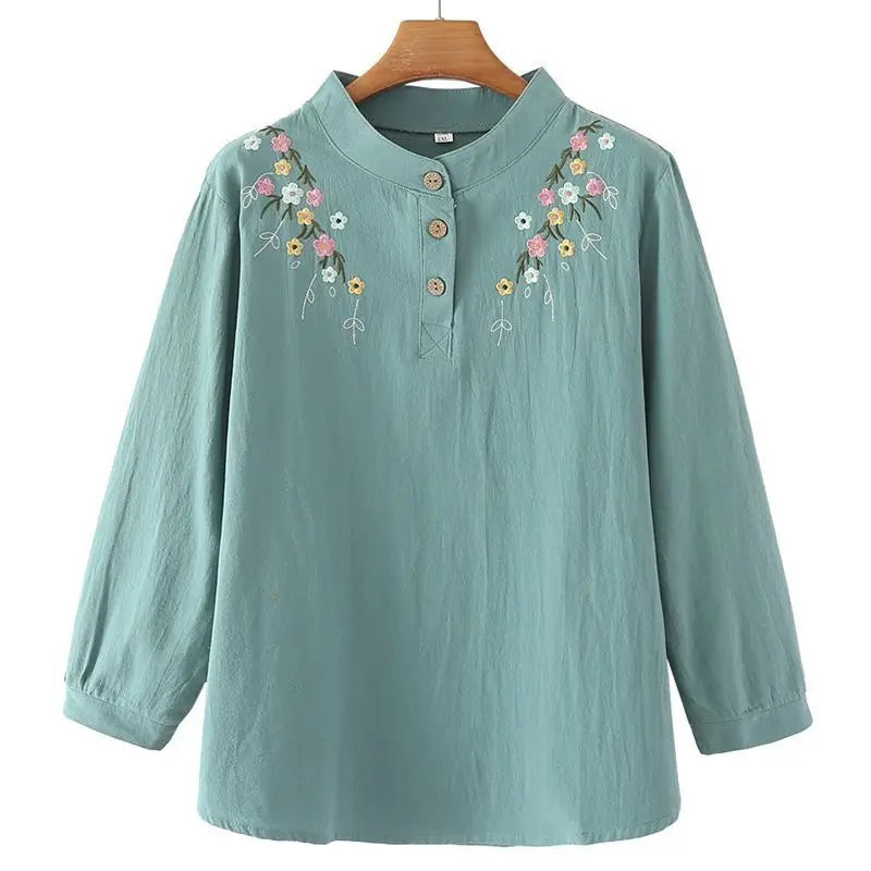 MiddleAged Women Spring Autumn Long Sleeve Shirt Full Cotton Embroidered Loose Stylish Base Layer