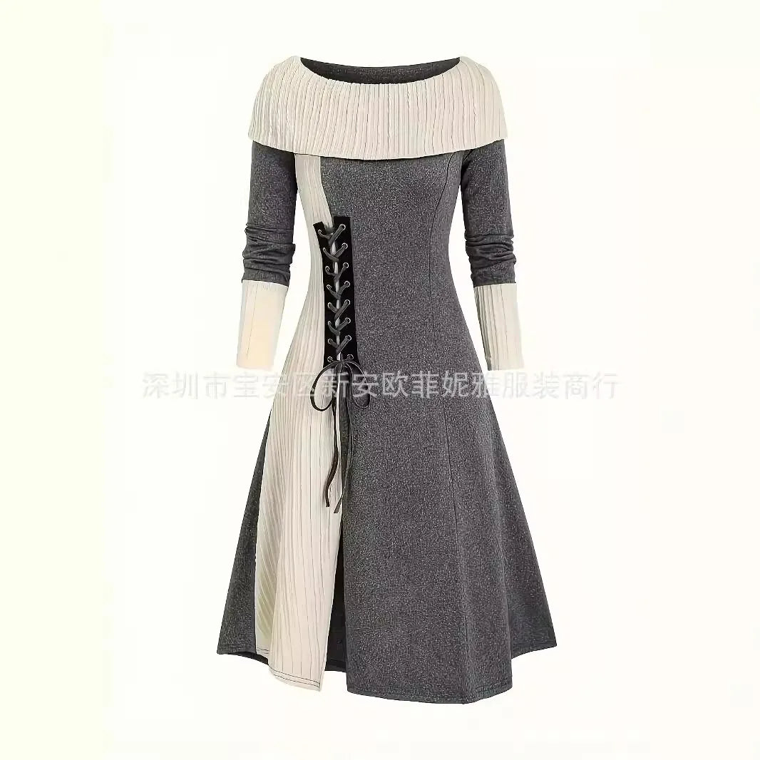 Fall Winter Women Dresses Elegant Temperament Colorblocked Dress Warm Long Sleeved Long Commuter Skirt for Female Dress 2025