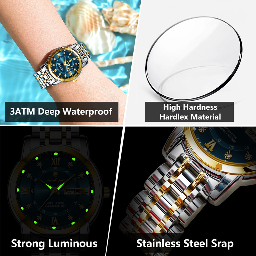 POEDAGAR Luxury Women Wristwatch Waterproof Luminous Date Week Women's Watches Stainless Steel Elegant Dress Quartz Ladies Watch