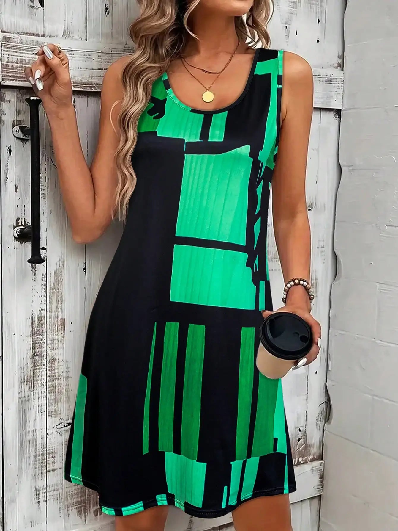 Spring&Summer Women's Geometric Pattern Sleeveless Dress For Summer Vacation,dresses for women summer，Women Bohemia Midi Dresses