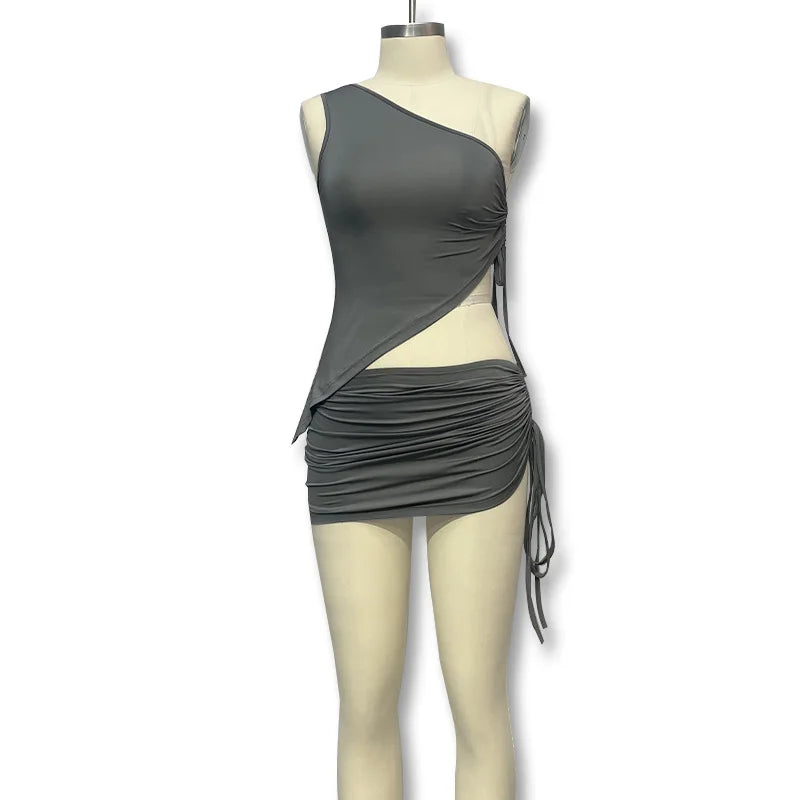 Fashion Sexy Summer Casual Skirt Set Diagonal Collar Shoulder Irregular Women's Vest Top Sexy Lace-up Miniskirt Two-piece Set