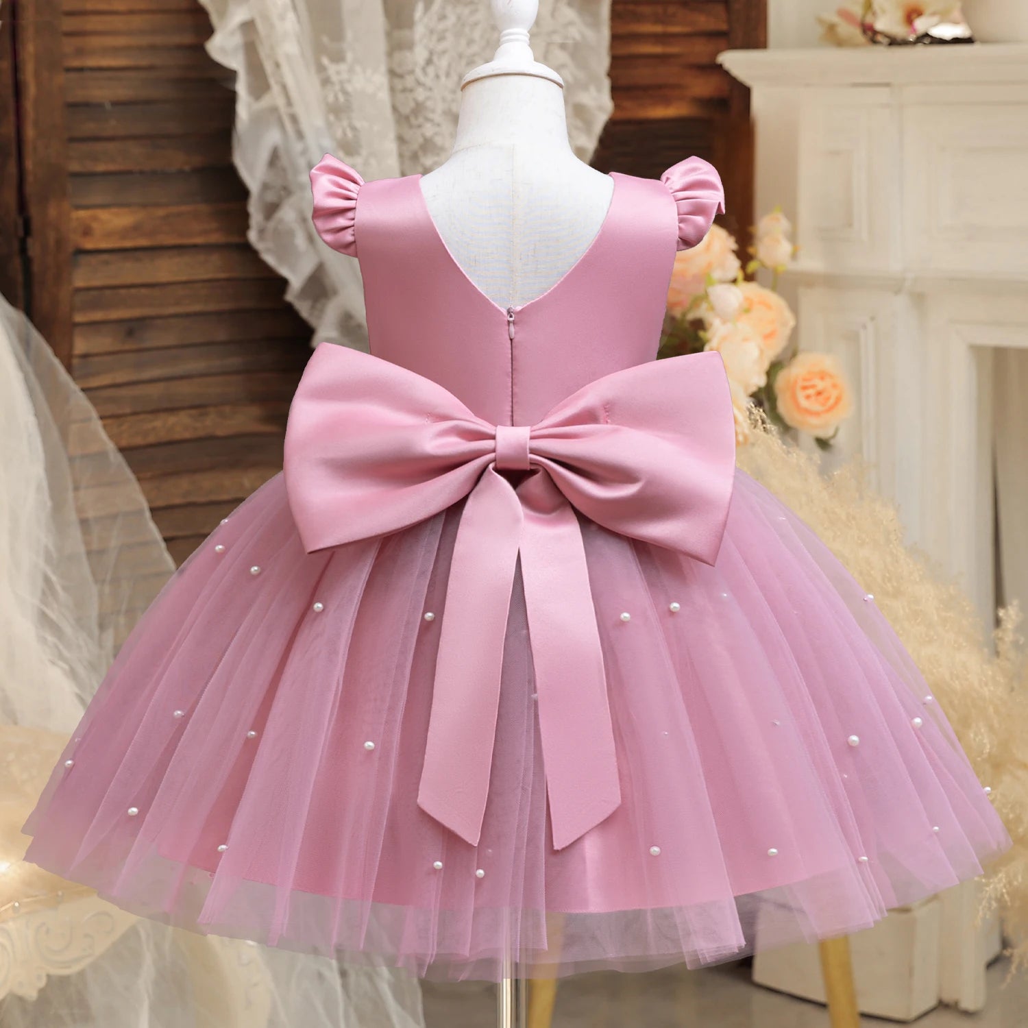 Girls Pearls Dress Elegant Princess Wedding Gown Kids Dresses For Girl Children Birthday Party Tulle Dress 3-8Yrs Vestidos
