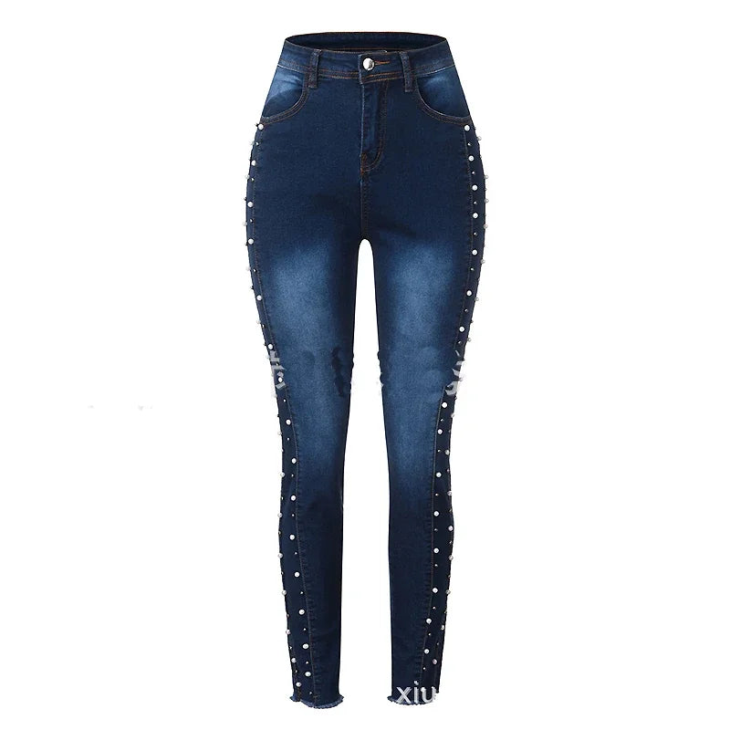 Jeans Pants Woman High Waist Slim Skinny Elastic Denim Trousers Femme Vintage Blue Beading Push Up Pencil Jeans