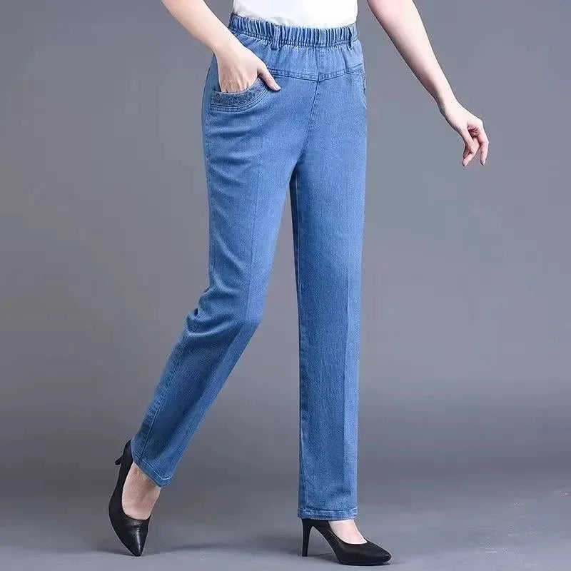 Middle aged elderly Women's Jeans Embroidered Pockets Elastic waist Mom Pants Casual Denim Straight leg Trousers 2025 New Spring