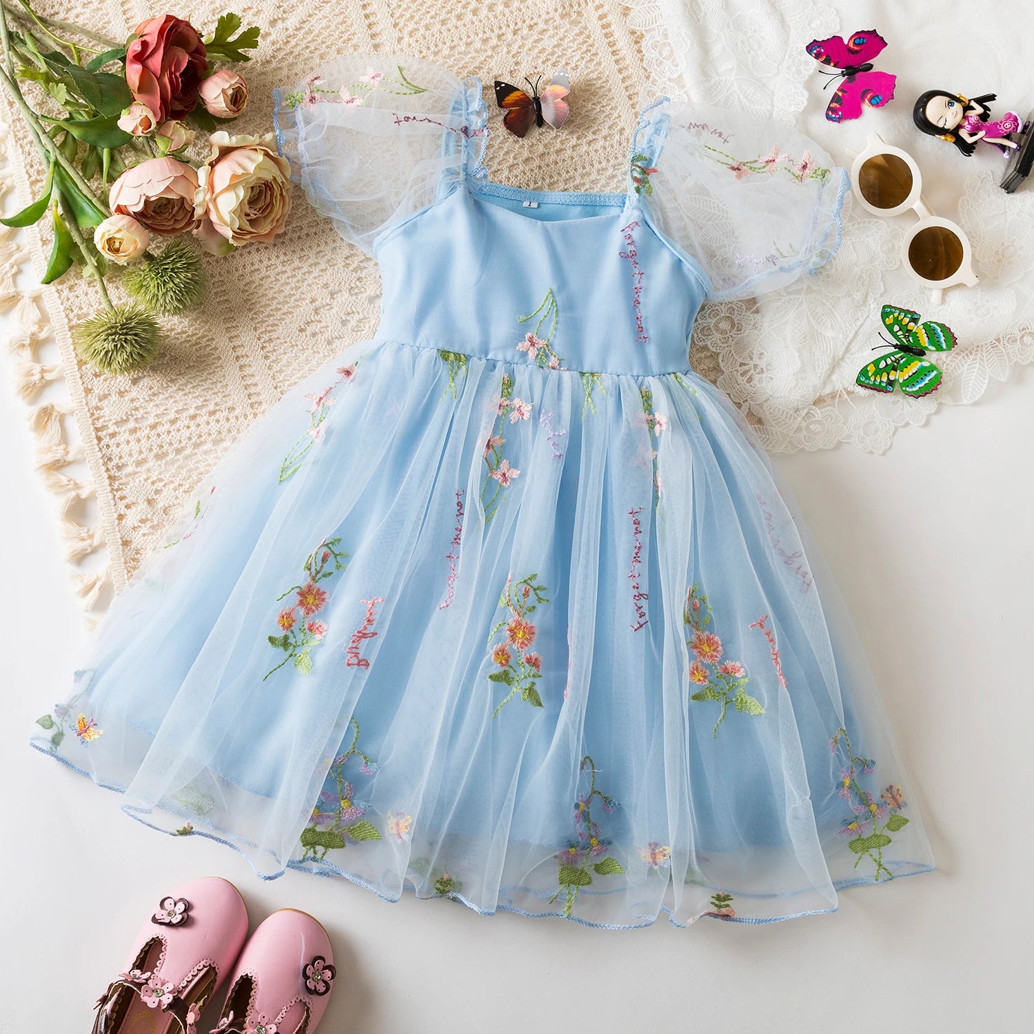 Baby Girl Party Dress for 1-5 Years Infant Butterfly Dresses Kids Green Embroidery Floral Dress 2025 Summer Tulle Princess Dress