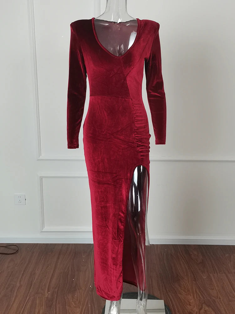 Autumn and Winter Women's Long Sleeve V-Neck Dress High Slit Sexy Long Dress Elegant Banquet Evening Gown