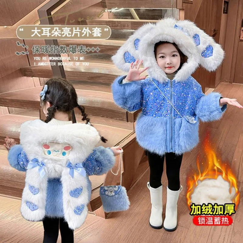 Cute Stellalous Kuromi Girl Fur Coat Plush Jacket Fashion Hooded Padded Jacket Winter New Teen Thicken Warmth Fur Coat Outerwear