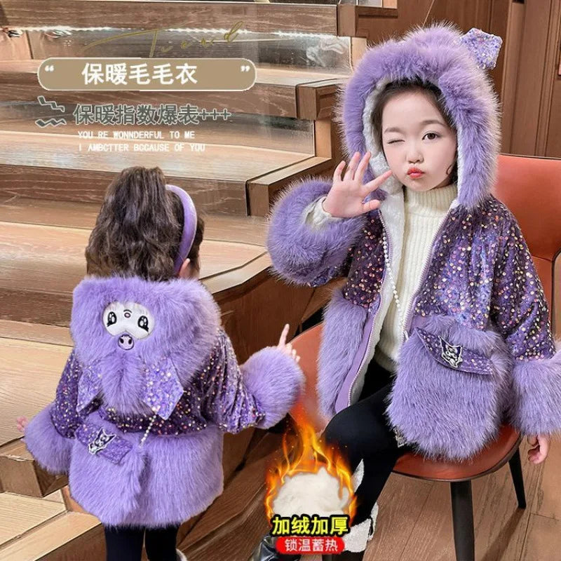 Cute Stellalous Kuromi Girl Fur Coat Plush Jacket Fashion Hooded Padded Jacket Winter New Teen Thicken Warmth Fur Coat Outerwear