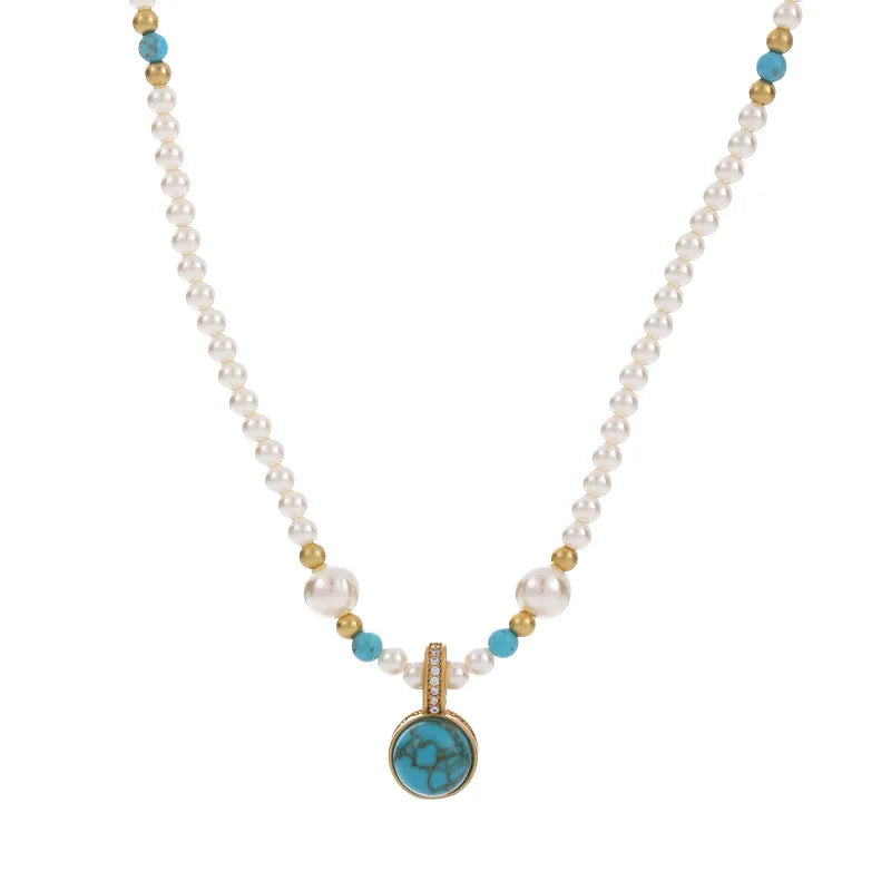Modern Chinese Style Necklace 18K Gold Plated Turquoise Pendant with Pearl Beads Elegant Adjustable Collarbone Chain Jewelry