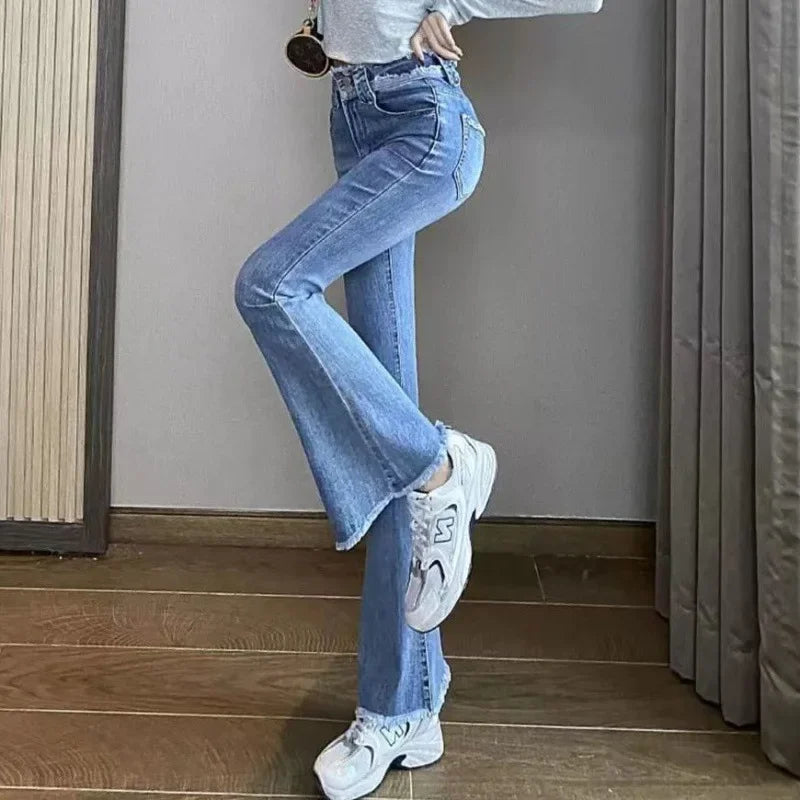 Women Spring Autumn High Waist Slimming Flared Jeans Straight Leg Loose Fit Long Pants Casual Comfortable Denim Trousers