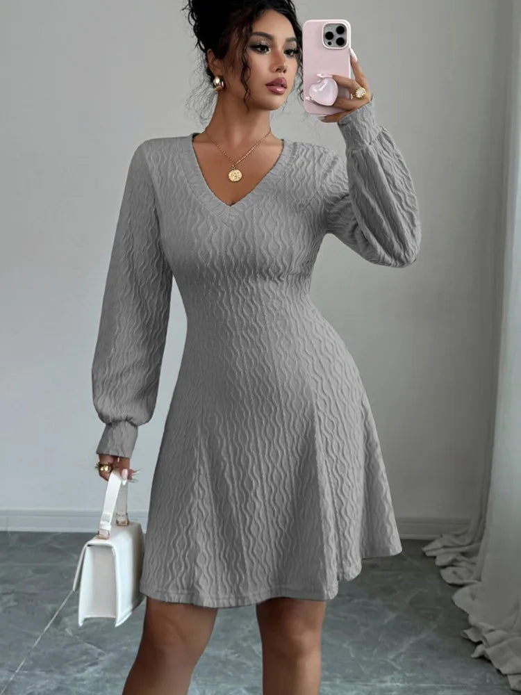 Autumn Women's Dresses Long Sleeve V Neck Elegant Office Dress For Women New Winter Fashion Solid Color Slim A Line Dress Female