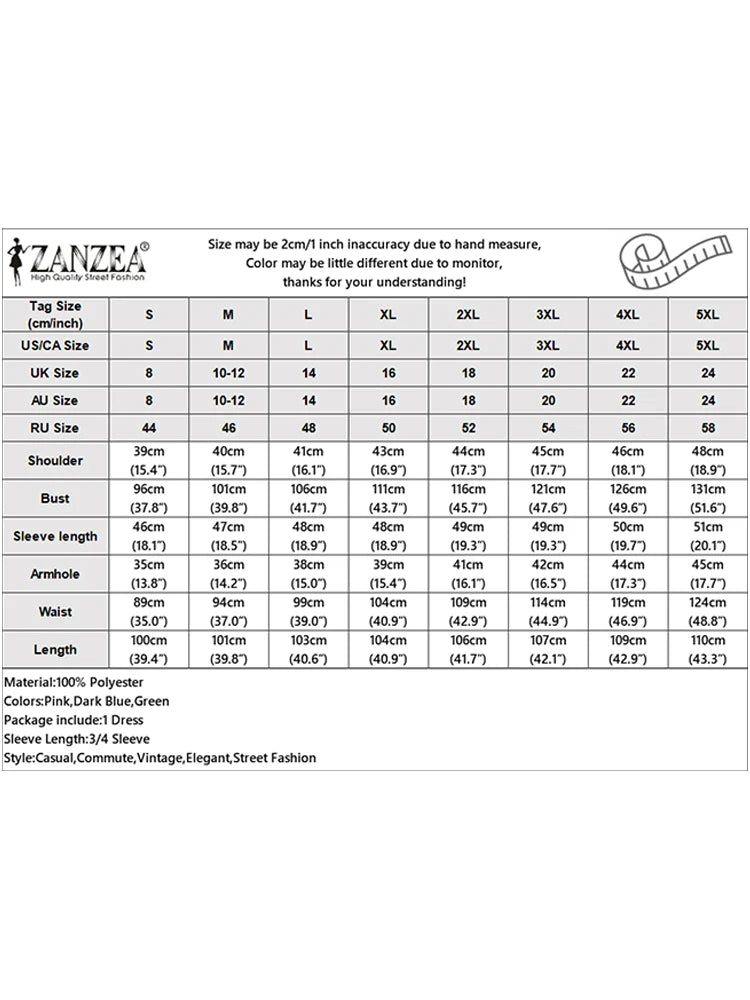 ZANZEA Elegant Women Vestidos With Belt 3/4 Sleeve Casual Knee-Length Dresses 2025 Autumn Solid Color Fashion Office Party Robe