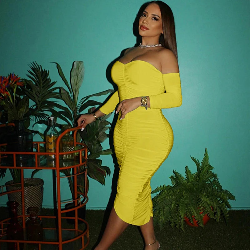 Sexy Ruched Bodycon Midi Dress for Women 2022 Elegant Long Sleeve Off Shoulder Bandage Party Dress Night Celebrity Club Dress