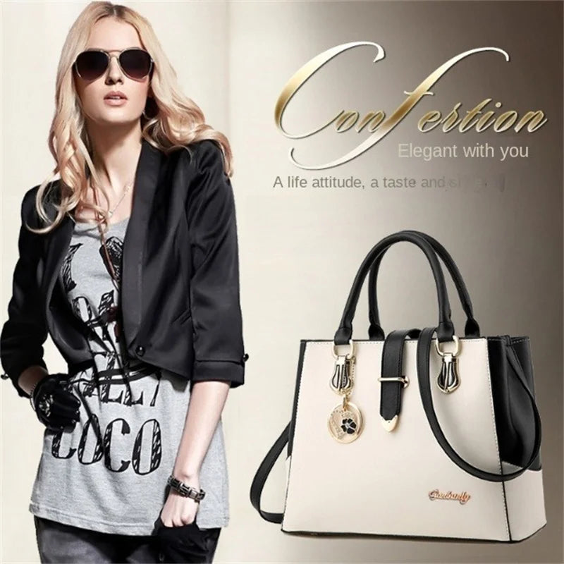 Faux Leather Shoulder Bag, Women's Fashion Letter Detail Handbag Double Handle Purse