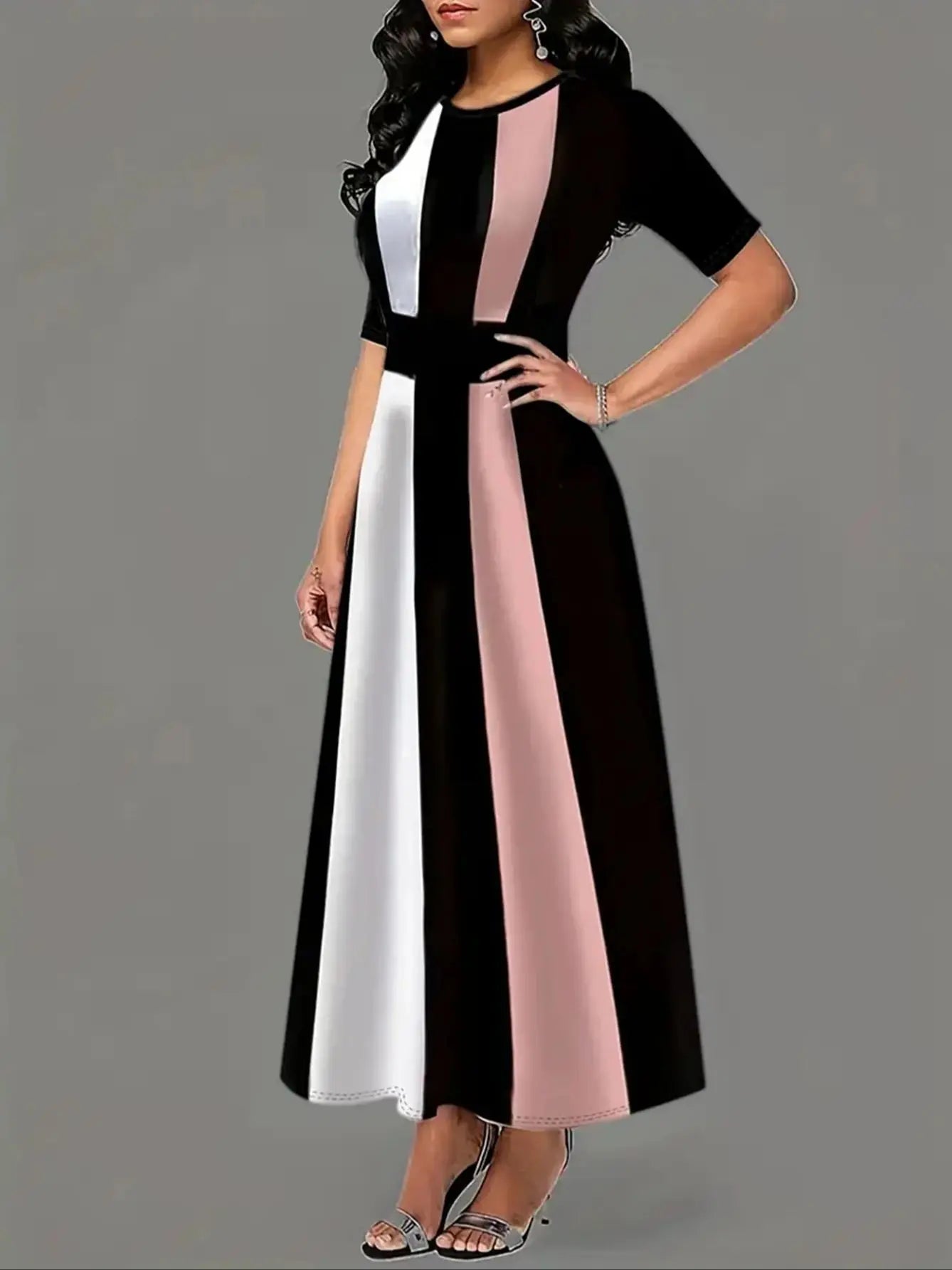 Color Block Crew Neck Dress, Vintage Short Sleeve Dress For Spring & Summer, Women's Clothing