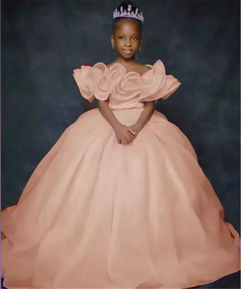 Custom JDY Kids' Birthday Dress Custom Flower Girl Dress Off-Shoulder Ruffled Tiered Tulle Ball Gown Wedding
