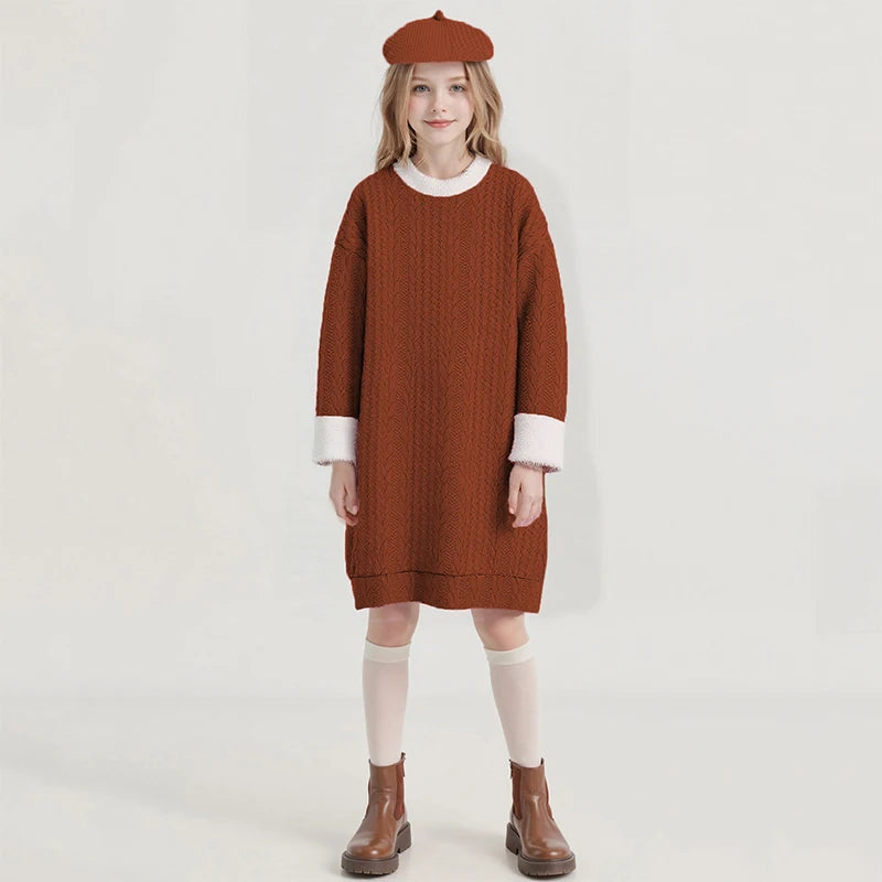 Autumn and winter dresses for girls aged 8-12, round neck, long sleeves and knee-length skirts, berets are sweet, lovely, warm a