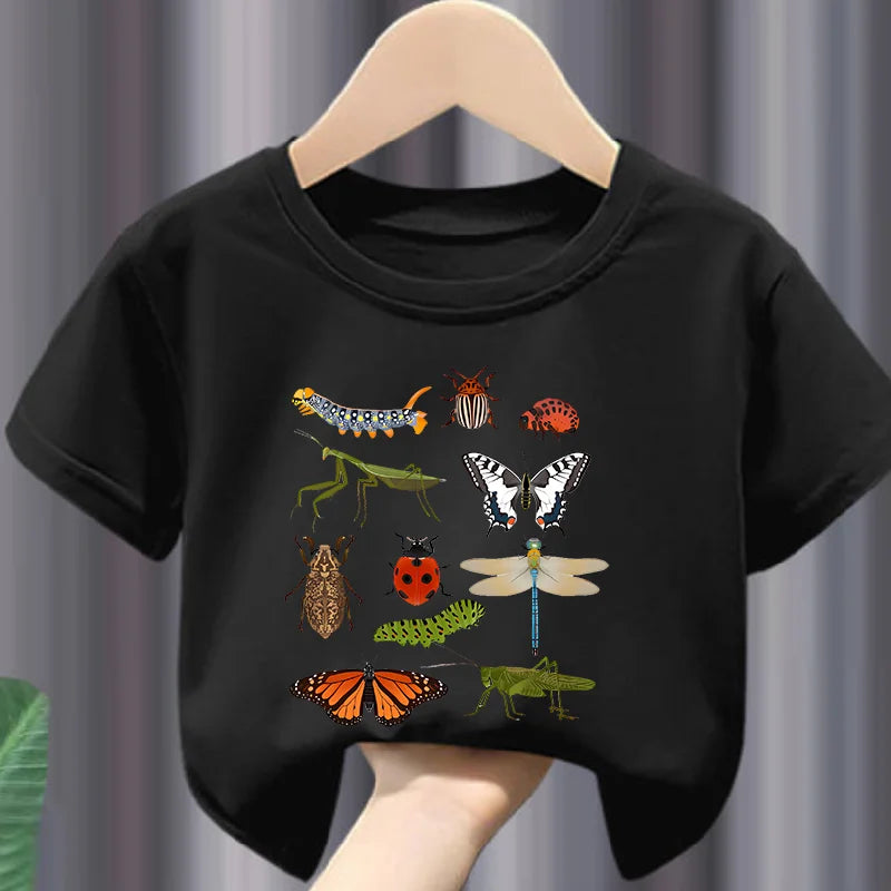 Short-sleeved T-shirt Insect Science Printing Summer New Casual Crew-neck Children's Wear Girls Clothes  Kids Clothes