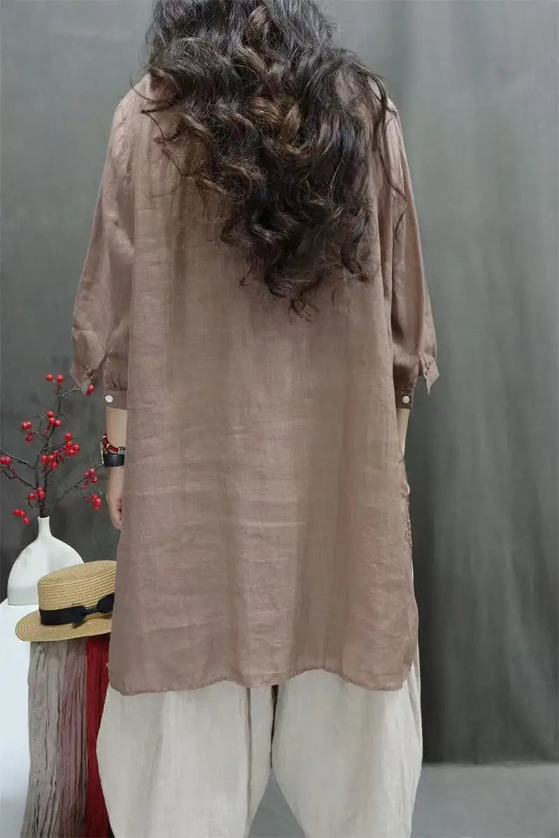 Summer Heavy Industry Retro Embroidered Shirt Mid-length Loose Cotton and Linen Fashionable Shirt Casual Literary Pullover Top