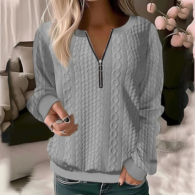 Autumn and winter new women's long sleeved solid color V-neck zipper T-shirt top, women's casual temperament long sleeved top