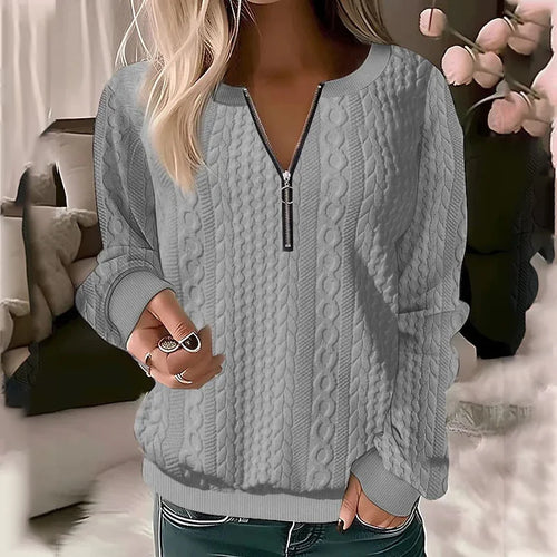 Autumn and winter new women's long sleeved solid color V-neck zipper T-shirt top, women's casual temperament long sleeved top