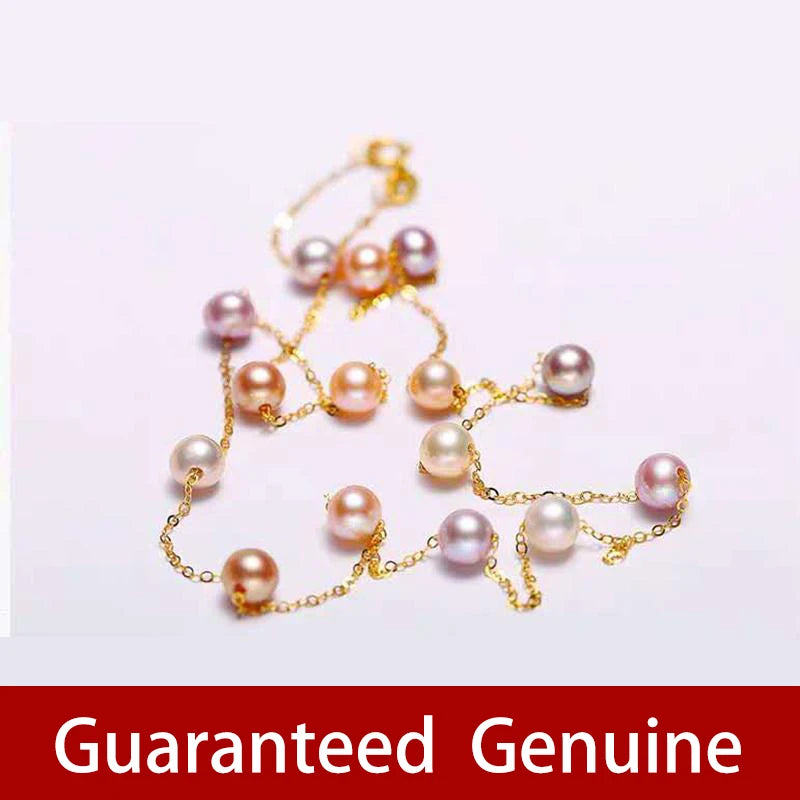NYMPH Real 18K Gold Natural Pearl Necklace Au750 Fine Jewelry Near Round Aniversary Gift For Women Mix Color X321-1