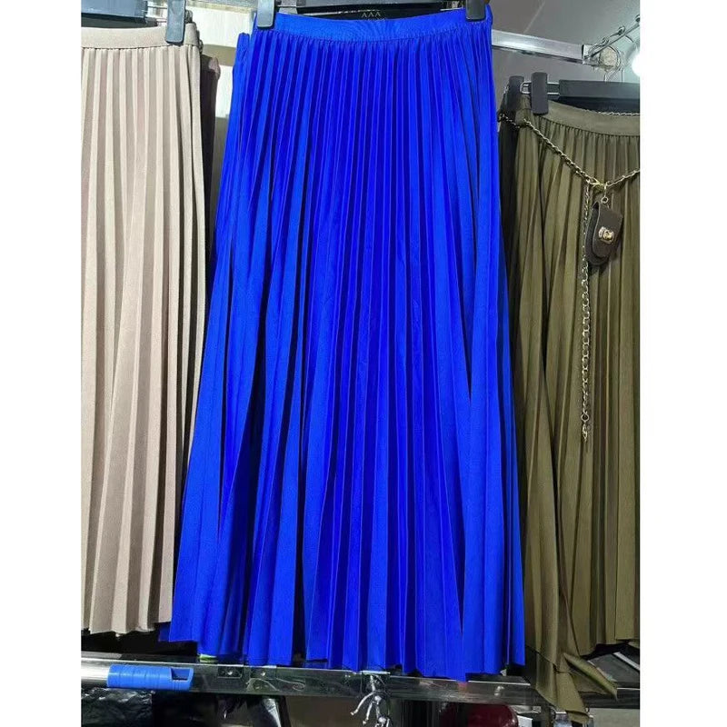 2024 Women Elegant Pleated Skirt High Waist Women Mid-long Skirt Female Ladies High Quality Women Midi Skirt Black Saia