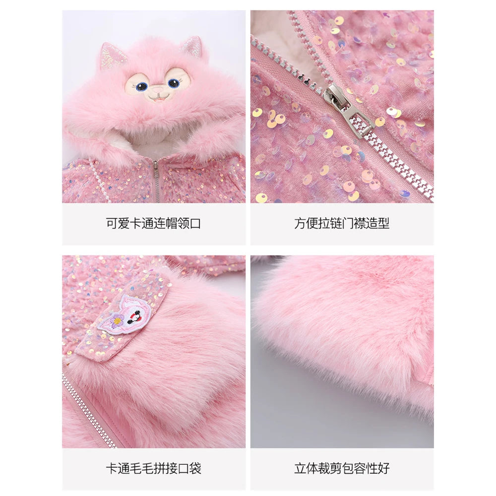 Cute Stellalous Kuromi Girl Fur Coat Plush Jacket Fashion Hooded Padded Jacket Winter New Teen Thicken Warmth Fur Coat Outerwear