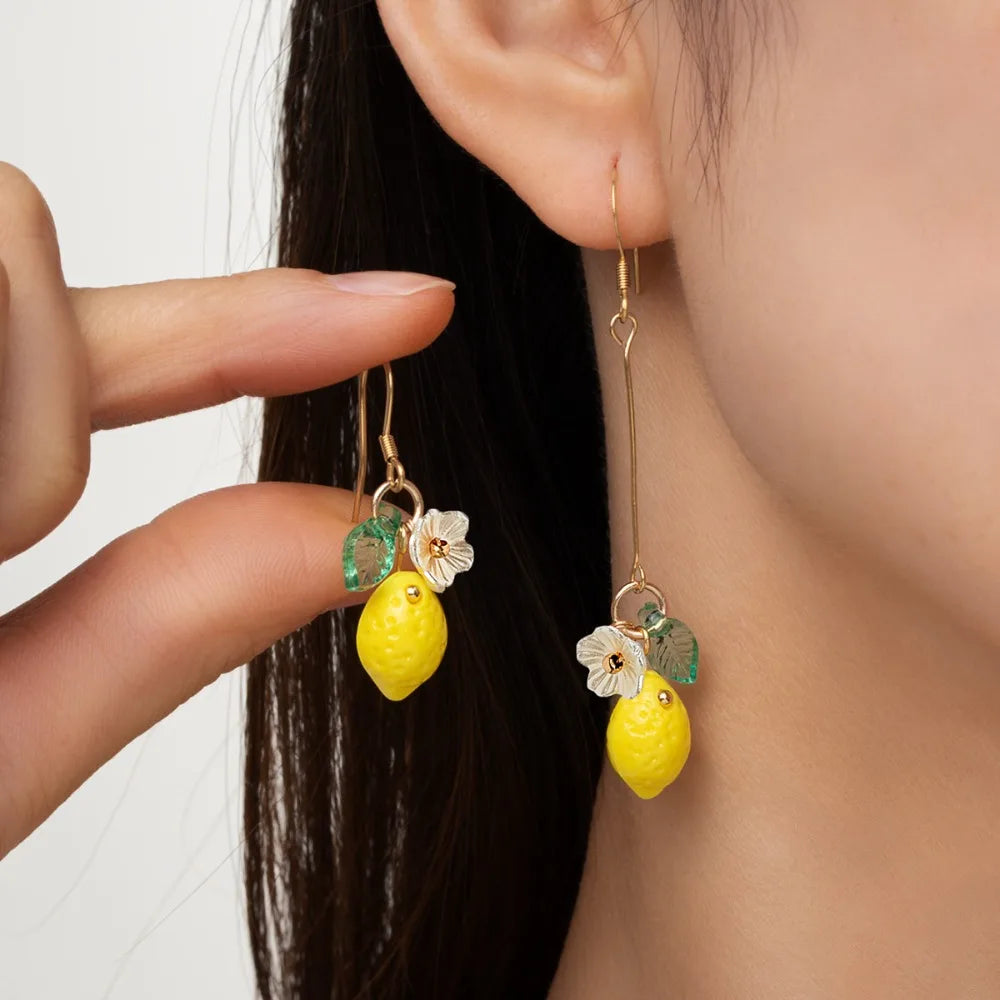 Fashion Cute Yellow Fruit Lemon Little Flower Green Leaf Pendant Metal Chain Adjustable Necklace for Women Summer Jewelry Gifts