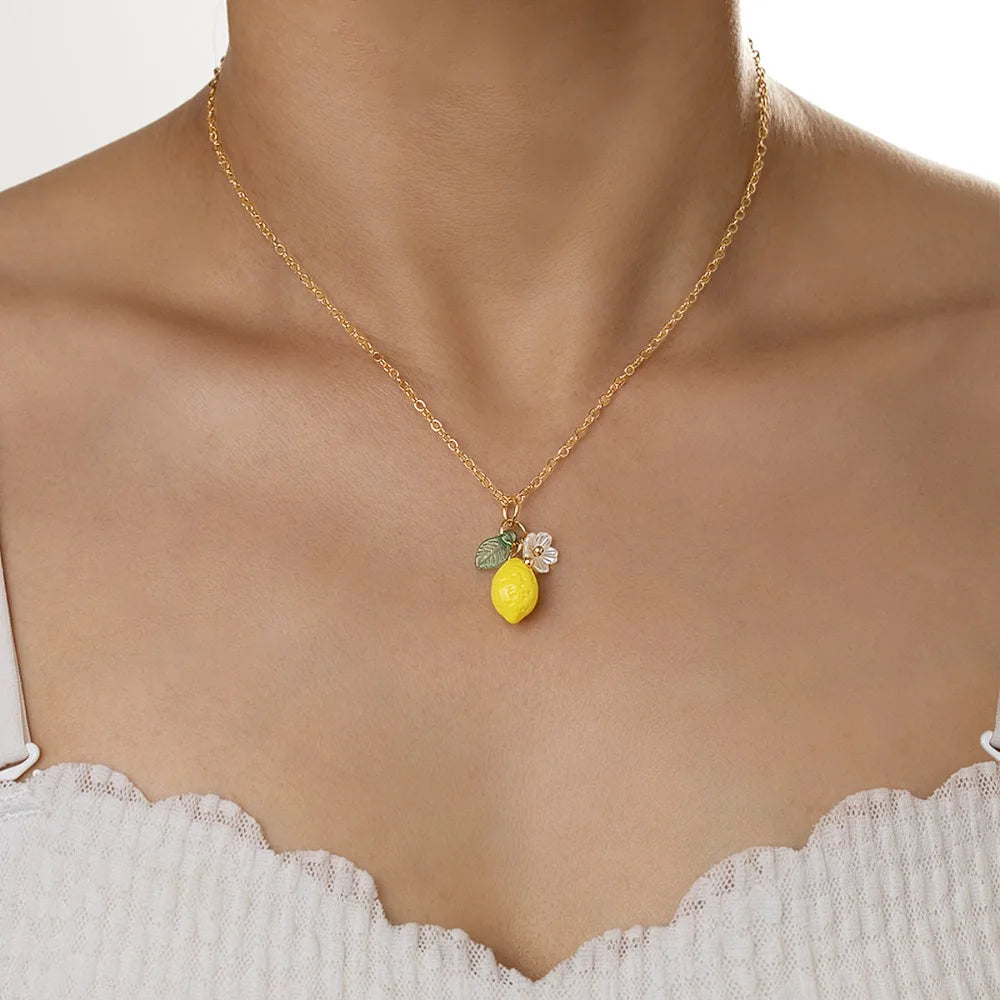 Fashion Cute Yellow Fruit Lemon Little Flower Green Leaf Pendant Metal Chain Adjustable Necklace for Women Summer Jewelry Gifts