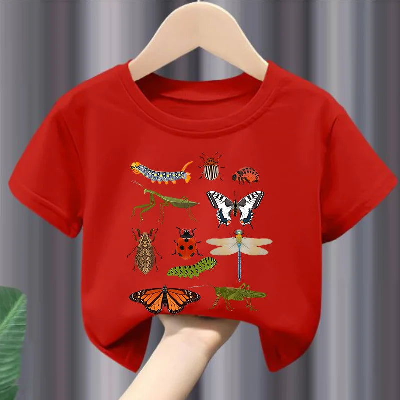 Short-sleeved T-shirt Insect Science Printing Summer New Casual Crew-neck Children's Wear Girls Clothes  Kids Clothes