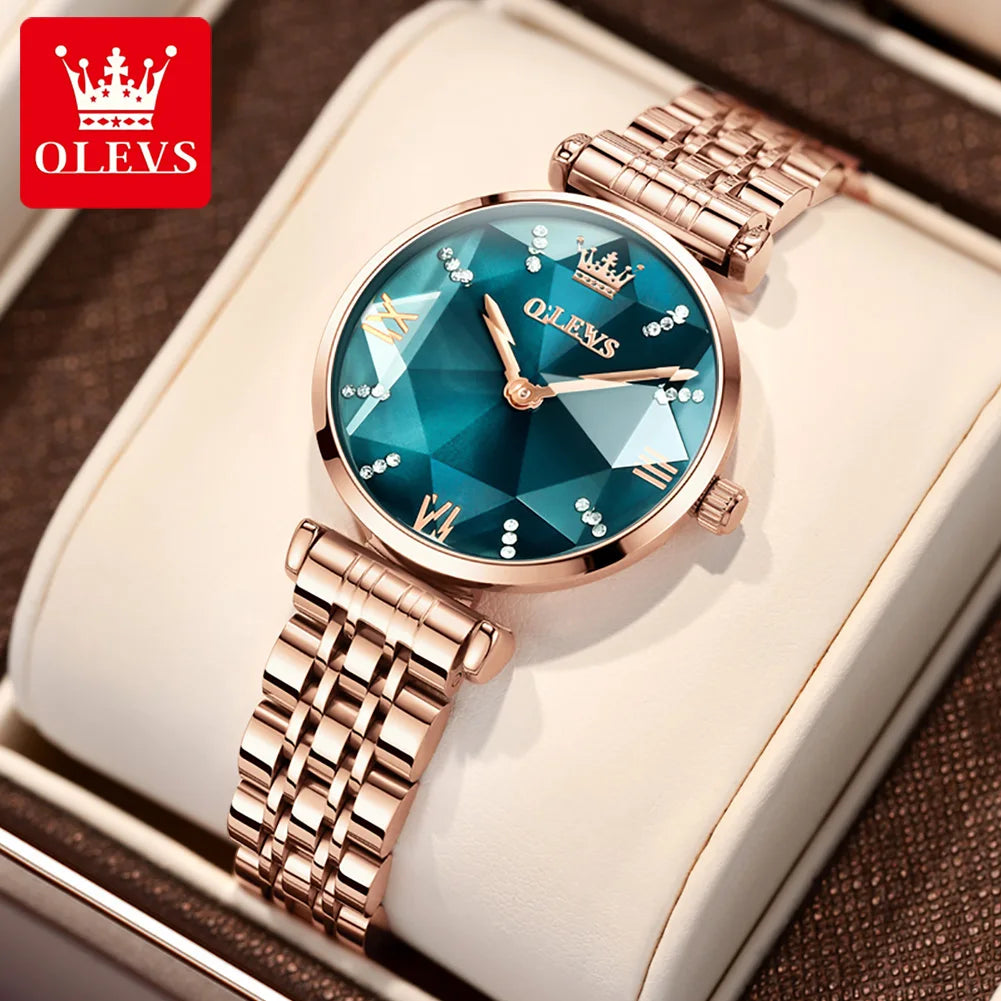 OLEVS Japan Quartz Movement Women's Watches Elegant Rose Gold Steel Strap Fashion Rhombus Glasses Waterproof Ladies Watches 6642