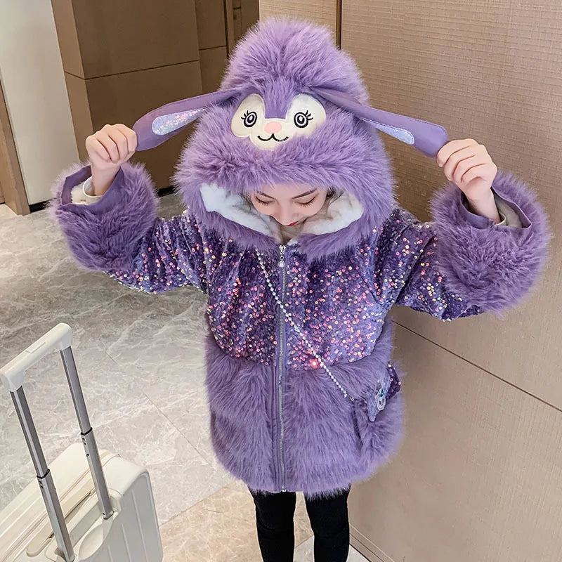 Cute Stellalous Kuromi Girl Fur Coat Plush Jacket Fashion Hooded Padded Jacket Winter New Teen Thicken Warmth Fur Coat Outerwear