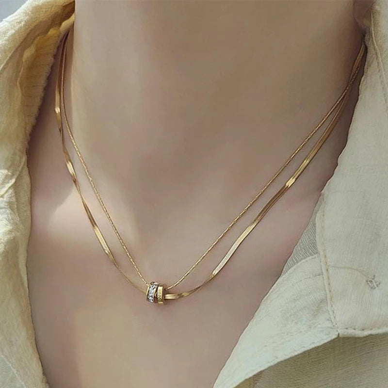 Trendy Stainless Steel Double Layer Necklace for Women Fashion Crystal Bead Pendant Necklaces Clavicle Chain Party Jewelry
