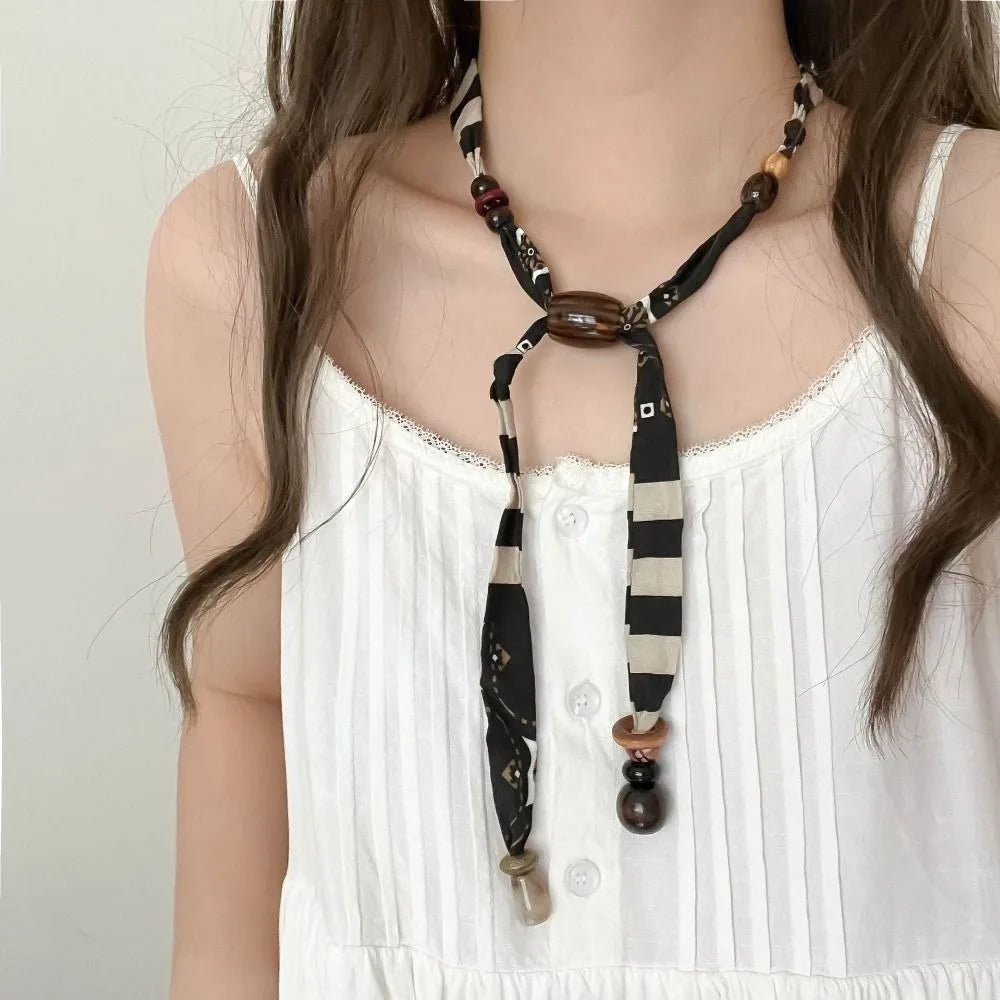 Strip Cloth Chain Necklace Multicolor Ethnic Style Wood Bead Necklace Clavicle Chain Jewelry Accessories Bohemian Choker Gift