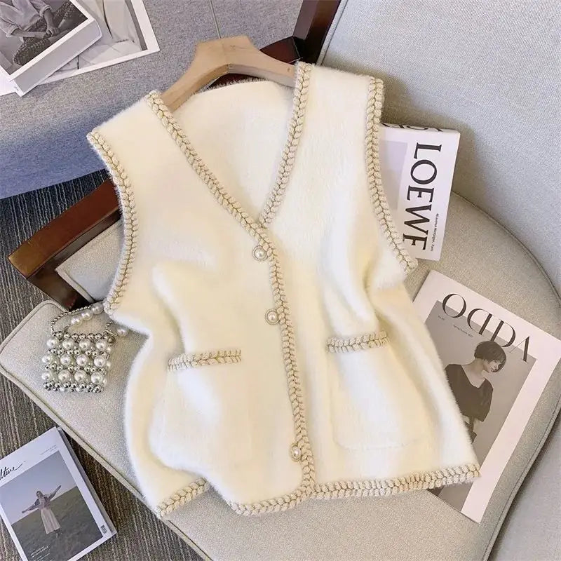 Women's Clothing Temperament Knitted Vest Cardigan Autumn/Winter Elegant Pockets Sweater Lady Basic V-neck All-match Button Tops